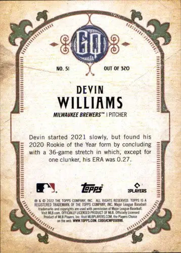 Devin Williams baseball card from 2022 Topps Gypsy Queen Brewers collection