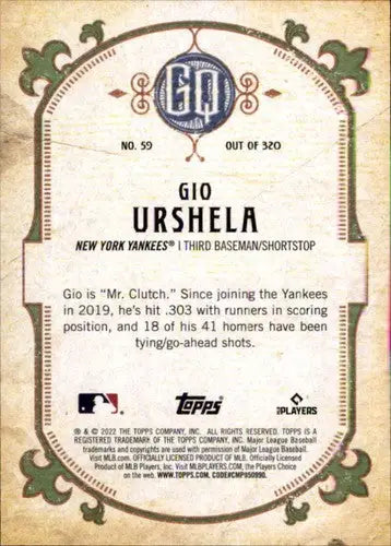 Gio Urshela baseball card from 2022 Topps Gypsy Queen Yankees collection