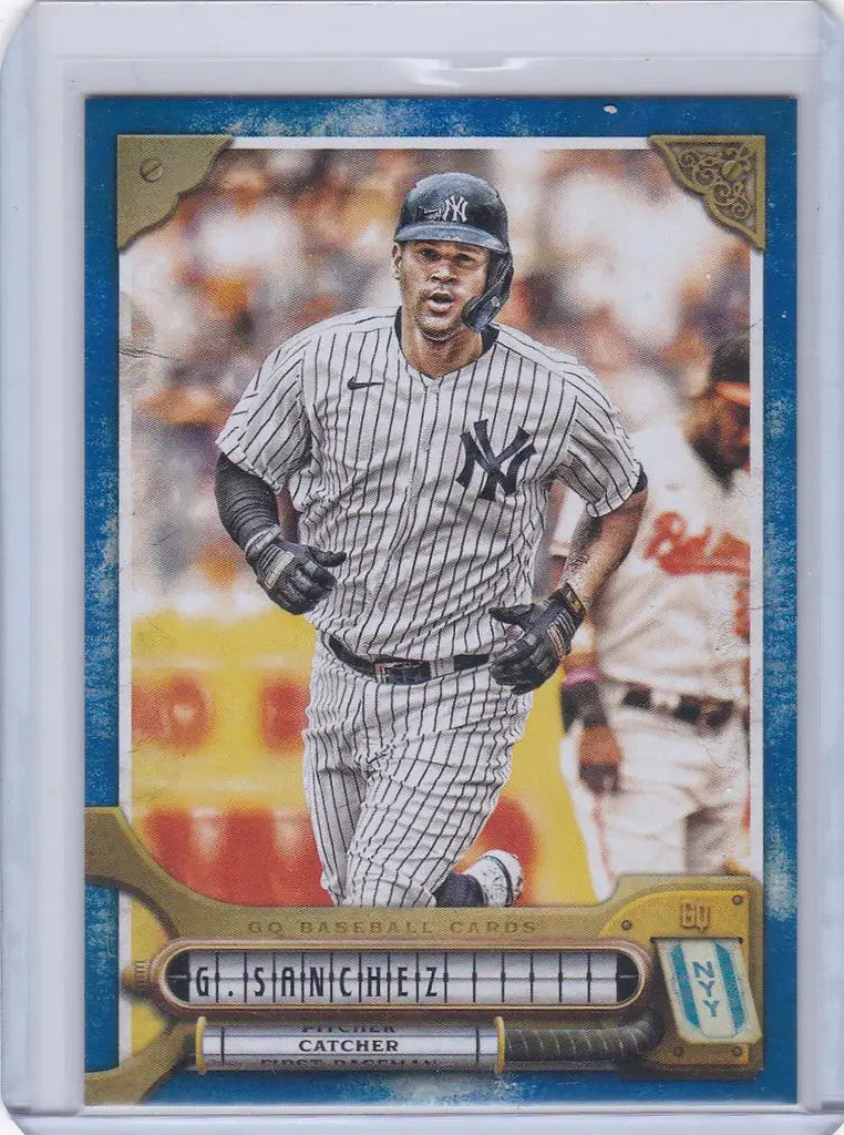 Baseball card of Gary Sanchez in pinstripe uniform from Topps Gypsy Queen Indigo