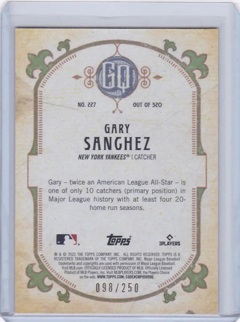 Baseball card of Gary Sanchez in 2022 Topps Gypsy Queen Indigo design with vintage border