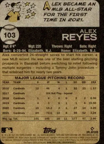 2022 Topps Heritage #103 Alex Reyes NM-MT Cardinals ID:41234 - Baseball Card Single