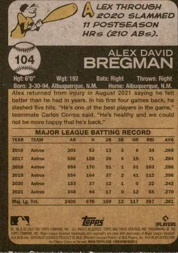 2022 Topps Heritage #104 Alex Bregman NM-MT Astros ID:41236 - Baseball Card Single