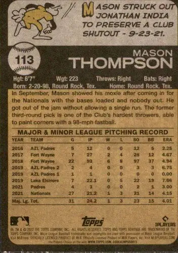 2022 Topps Heritage #113 Mason Thompson NM-MT RC Rookie Nationals ID:41242 - Baseball Card Single