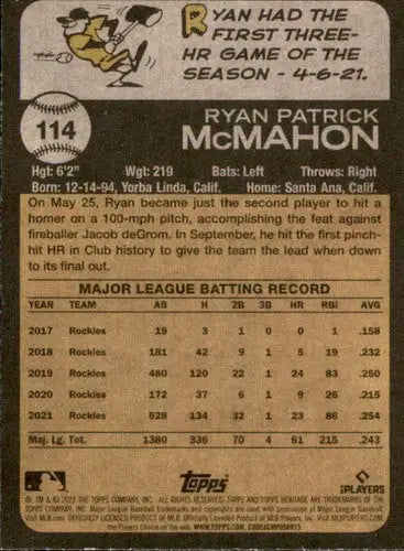 2022 Topps Heritage #114 Ryan McMahon NM-MT Rockies ID:41243 - Baseball Card Single