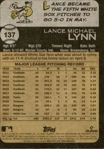 2022 Topps Heritage #137 Lance Lynn NM-MT White Sox ID:41255 - Baseball Card Single