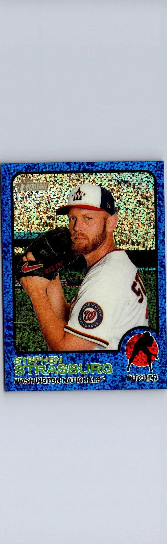 Baseball card of Stephen Strasburg from 2022 Topps Heritage featuring Strasburg Chrome Blue Sparkle