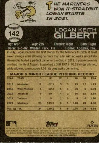 2022 Topps Heritage #142 Logan Gilbert NM-MT Mariners ID:41259 - Baseball Card Single