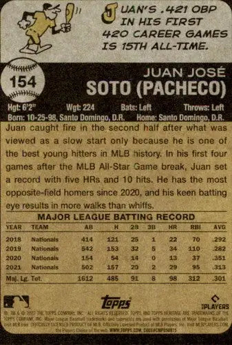 2022 Topps Heritage #154 Juan Soto NM-MT Nationals ID:76591 - Baseball Card Single