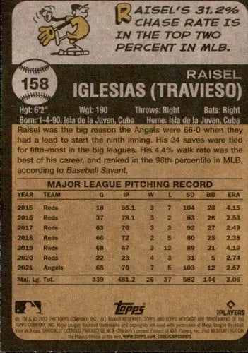 2022 Topps Heritage Raisel Iglesias baseball card with player stats and original gloss