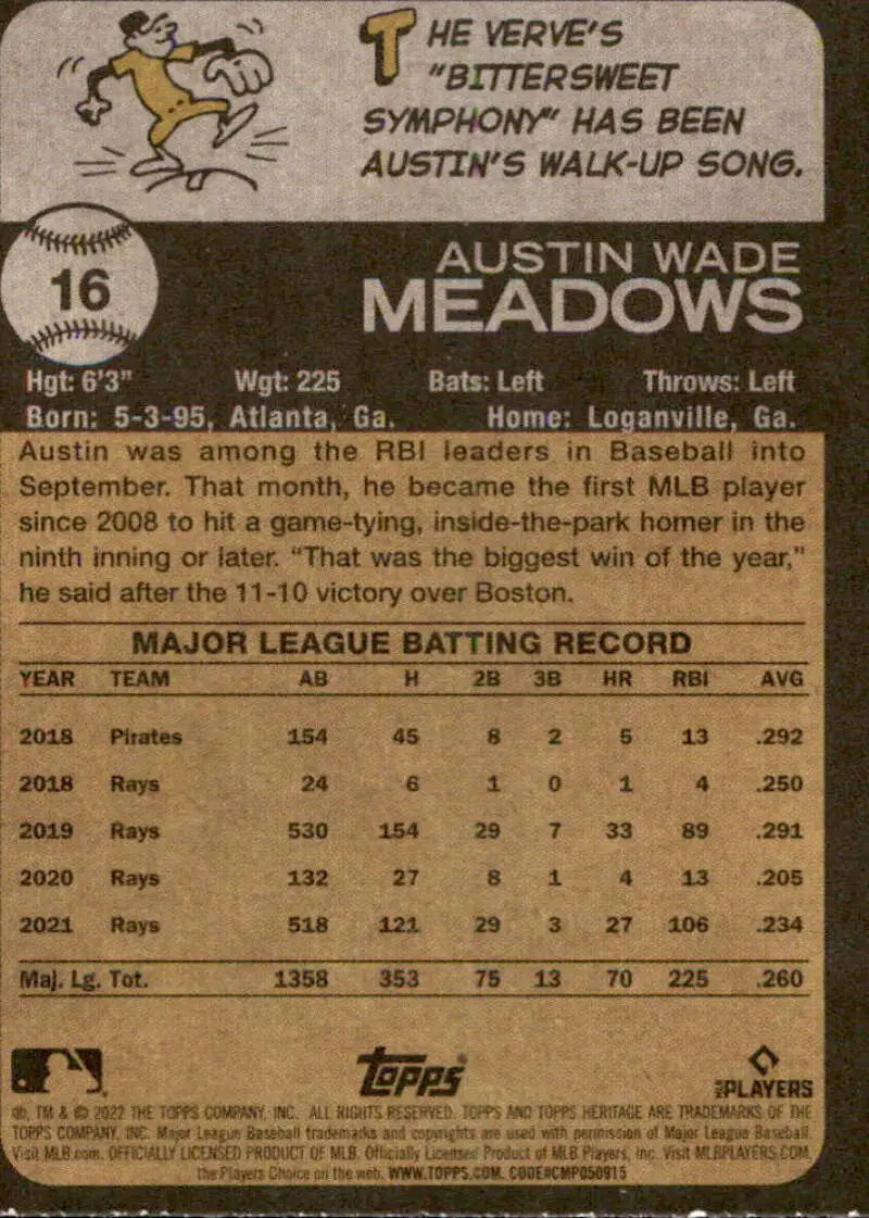 2022 Topps Heritage #16 Austin Meadows NM-MT Rays ID:41170 - Baseball Card Single