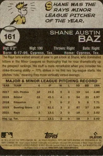 Original gloss baseball card featuring Shane Baz cartoon and pitching stats from Topps Heritage