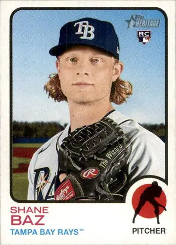 2022 Topps Heritage Shane Baz baseball card with original gloss, rookie Rays ID 76593