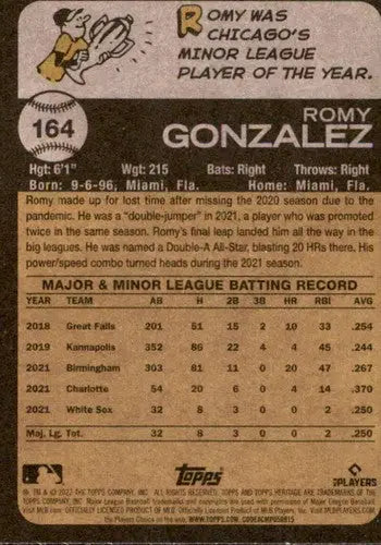 Baseball card back featuring Romy Gonzalez from 2022 Topps Heritage with original gloss