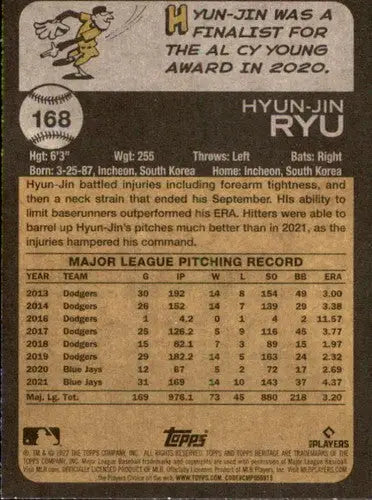 2022 Topps Heritage #168 Hyun-Jin Ryu NM-MT Blue Jays ID:41278 - Baseball Card Single