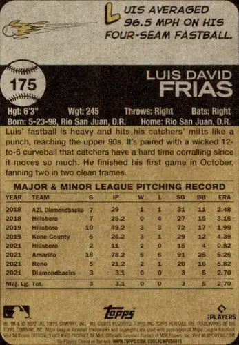 2022 Topps Heritage #175 Luis Frias NM-MT RC Rookie Diamondbacks ID:41284 - Baseball Card Single