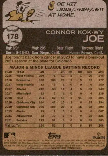 Original gloss baseball card of Connor Joe from 2022 Topps Heritage Rockies series