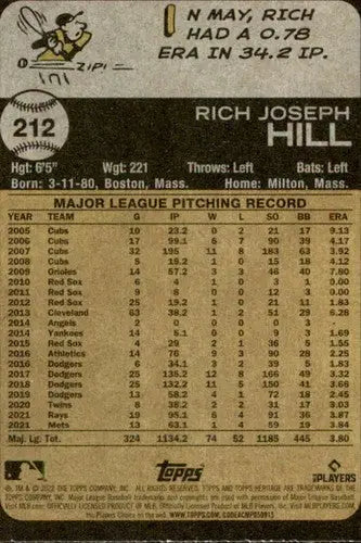 2022 Topps Heritage #212 Rich Hill NM-MT Red Sox ID:41301 - Baseball Card Single