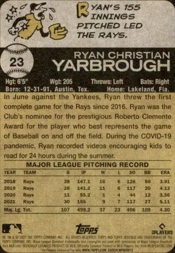 2022 Topps Heritage #23 Ryan Yarbrough NM-MT Rays ID:42411 - Baseball Card Single