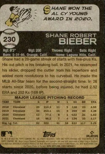 2022 Topps Heritage #230 Shane Bieber NM-MT Guardians ID:76600 - Baseball Card Single