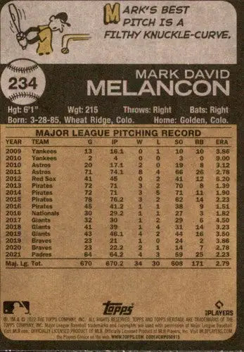 Original gloss of 2022 Topps Heritage Mark Melancon baseball trading card with player stats