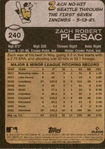 2022 Topps Heritage #240 Zach Plesac NM-MT Guardians ID:42428 - Baseball Card Single