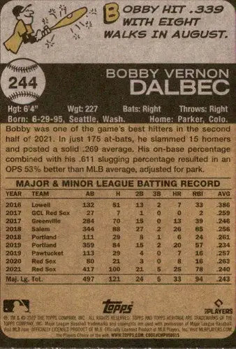 2022 Topps Heritage baseball card back featuring Bobby Dalbec with original gloss