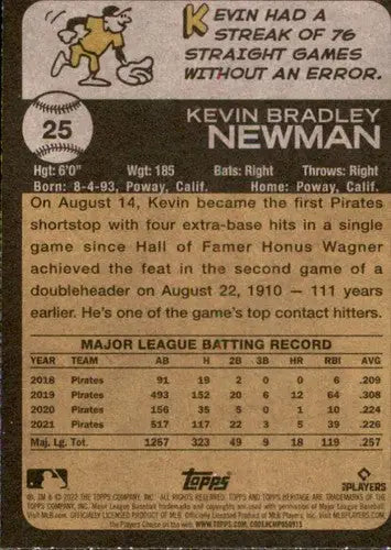 Original gloss baseball card of Kevin Newman from Topps Heritage 2022 Pirates series