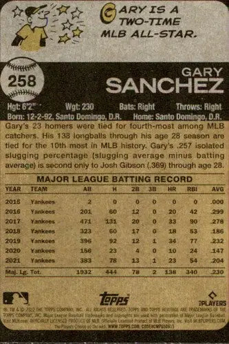 2022 Topps Heritage #258 Gary Sanchez NM-MT Yankees ID:41327 - Baseball Card Single