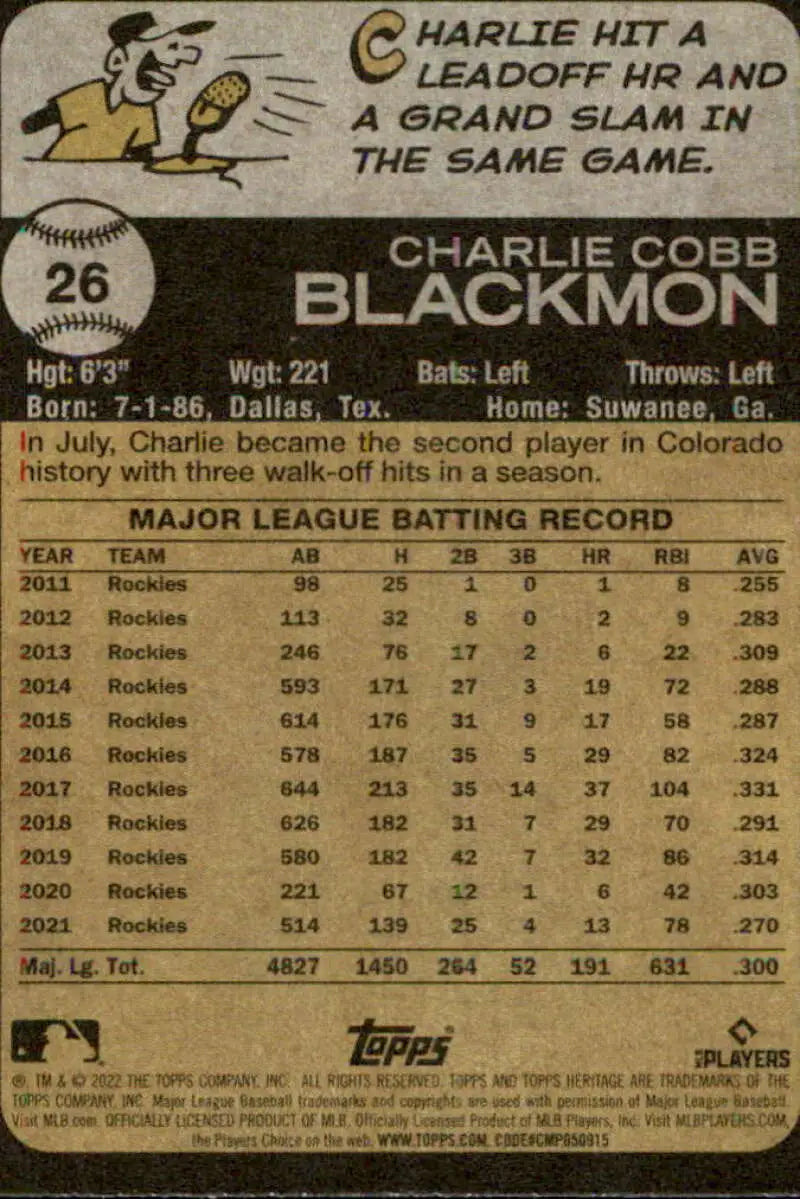 2022 Topps Heritage #26 Charlie Blackmon NM-MT Rockies ID:41173 - Baseball Card Single