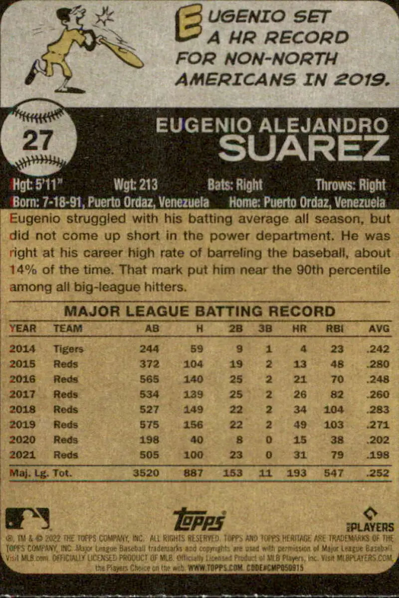 2022 Topps Heritage #27 Eugenio Suarez NM-MT Reds ID:41176 - Baseball Card Single