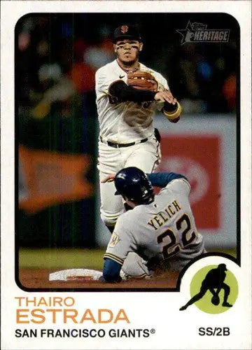 Baseball trading card featuring Thairo Estrada and another player on the field from Topps Heritage
