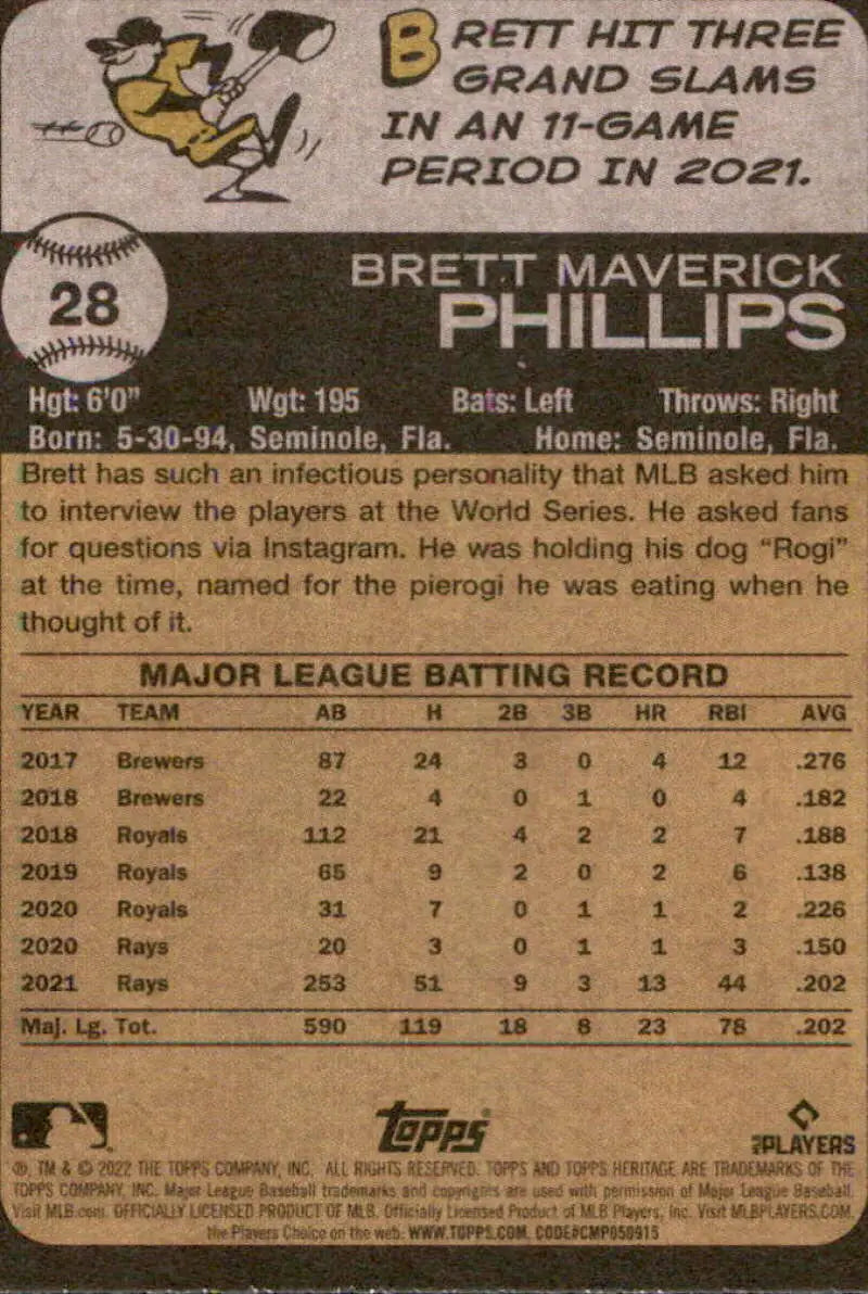 2022 Topps Heritage #28 Brett Phillips NM-MT Rays ID:41178 - Baseball Card Single