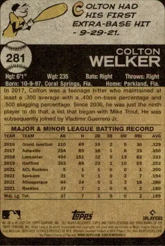 2022 Topps Heritage #281 Colton Welker NM-MT RC Rookie Rockies ID:41339 - Baseball Card Single