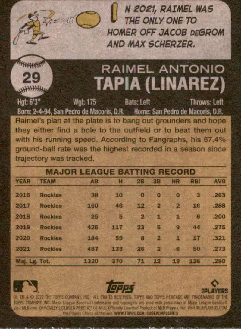 2022 Topps Heritage #29 Raimel Tapia NM-MT Rockies ID:41179 - Baseball Card Single
