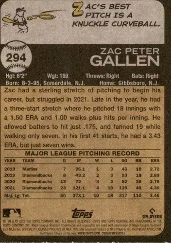 Original gloss 2022 Topps Heritage Zac Gallen baseball card featuring Diamondbacks ID 76605
