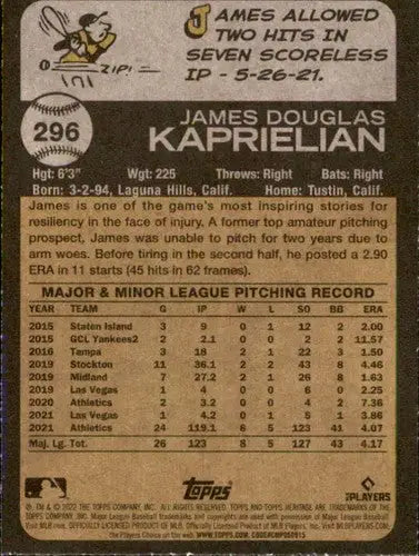 2022 Topps Heritage #296 James Kaprielian NM-MT Athletics ID:41345 - Baseball Card Single