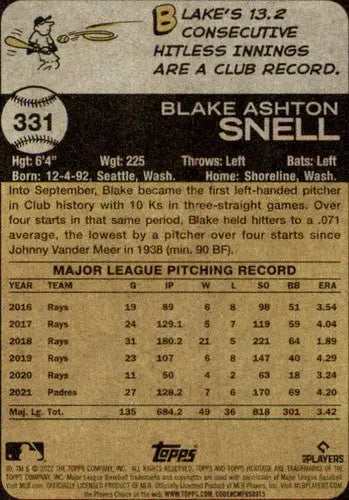 2022 Topps Heritage #331 Blake Snell NM-MT Padres ID:41370 - Baseball Card Single