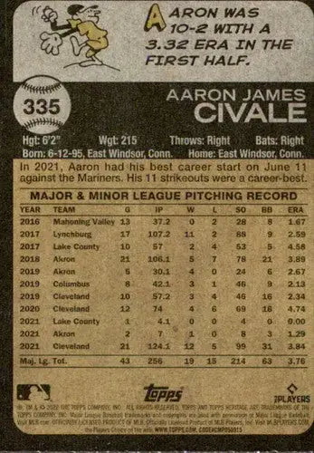 2022 Topps Heritage #335 Aaron Civale NM-MT Guardians ID:41372 - Baseball Card Single