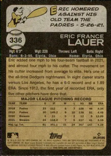 2022 Topps Heritage #336 Eric Lauer NM-MT Brewers ID:76610 - Baseball Card Single