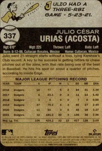 2022 Topps Heritage #337 Julio Urias NM-MT Dodgers ID:41373 - Baseball Card Single
