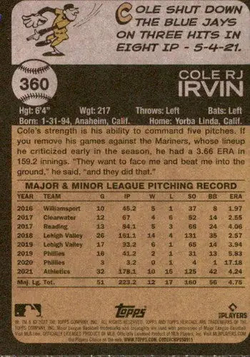 2022 Topps Heritage #360 Cole Irvin NM-MT Athletics ID:41389 - Baseball Card Single