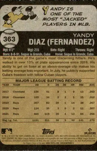 2022 Topps Heritage #363 Yandy Diaz NM-MT Rays ID:41394 - Baseball Card Single