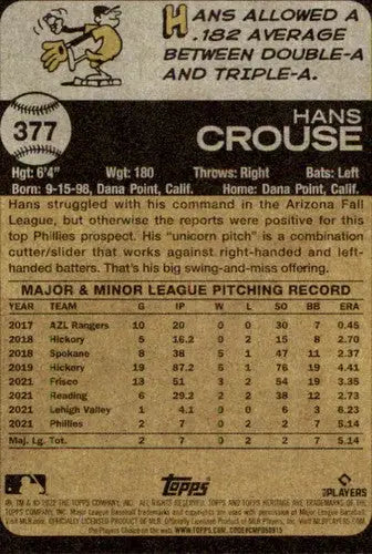 2022 Topps Heritage #377 Hans Crouse NM-MT RC Rookie Phillies ID:76616 - Baseball Card Single
