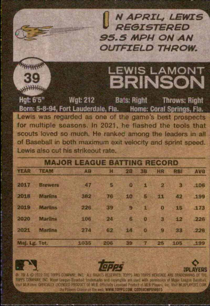 2022 Topps Heritage #39 Lewis Brinson NM-MT Marlins ID:41189 - Baseball Card Single