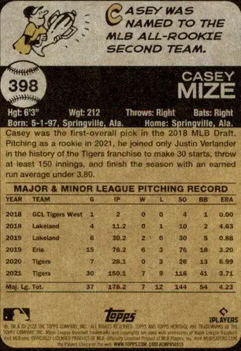 2022 Topps Heritage #398 Casey Mize NM-MT Tigers ID:41348 - Baseball Card Single