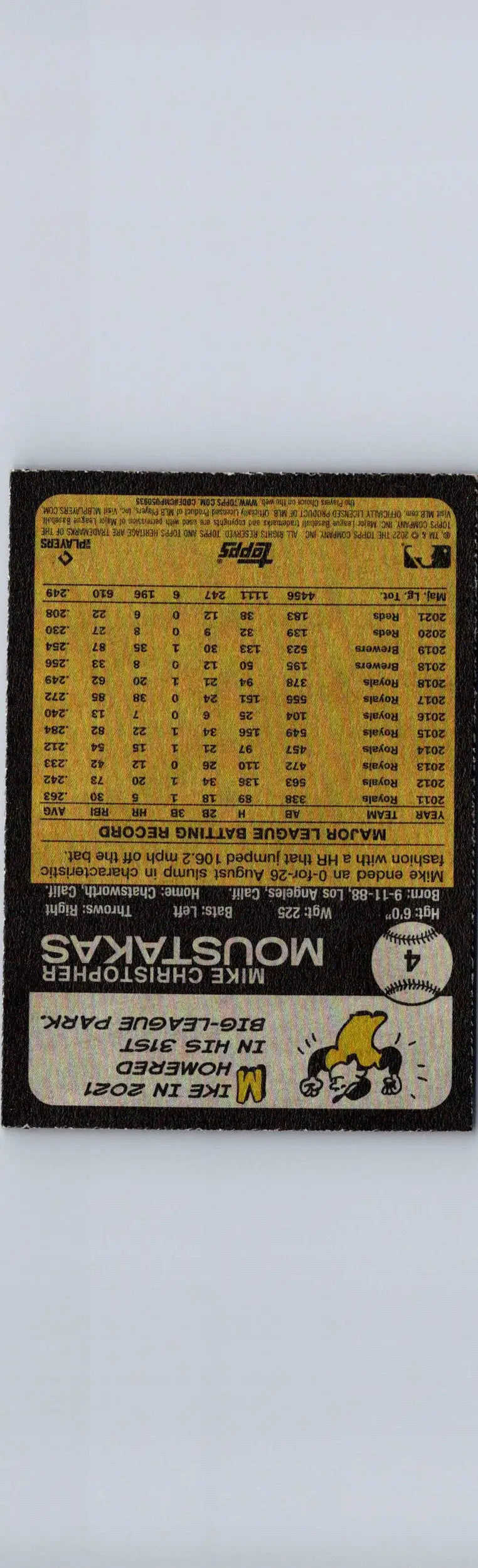 Baseball card featuring Mike Moustakas with player statistics on 2022 Topps Heritage Moustakas Chrome Blue Sparkle