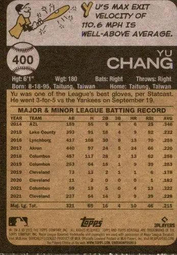 2022 Topps Heritage #400 Yu Chang NM-MT Guardians ID:41417 - Baseball Card Single