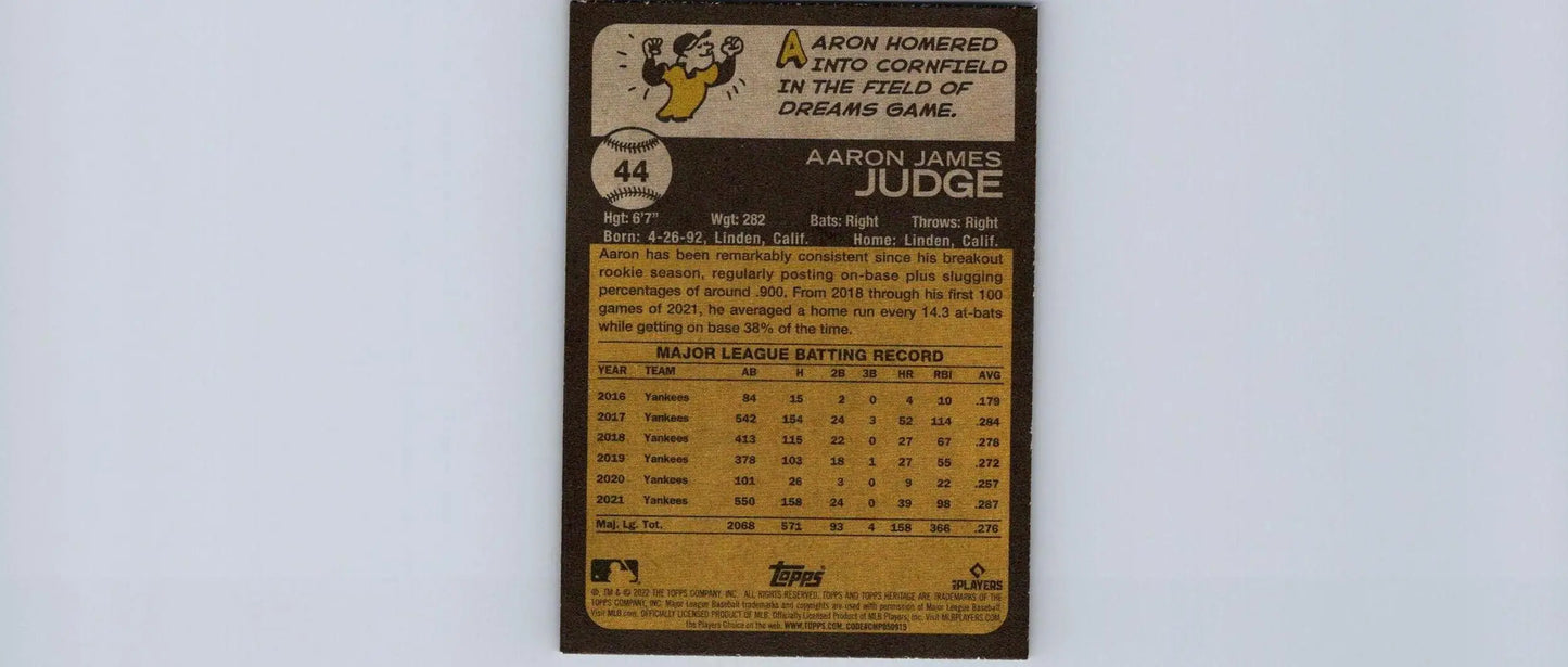 Aaron Judge baseball card from 2022 Topps Heritage #44 trading cards collection