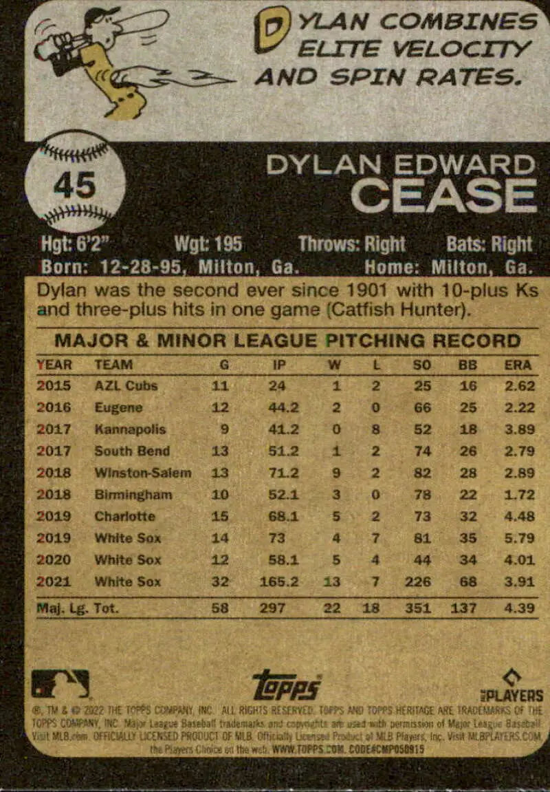 2022 Topps Heritage #45 Dylan Cease NM-MT White Sox ID:41193 - Baseball Card Single