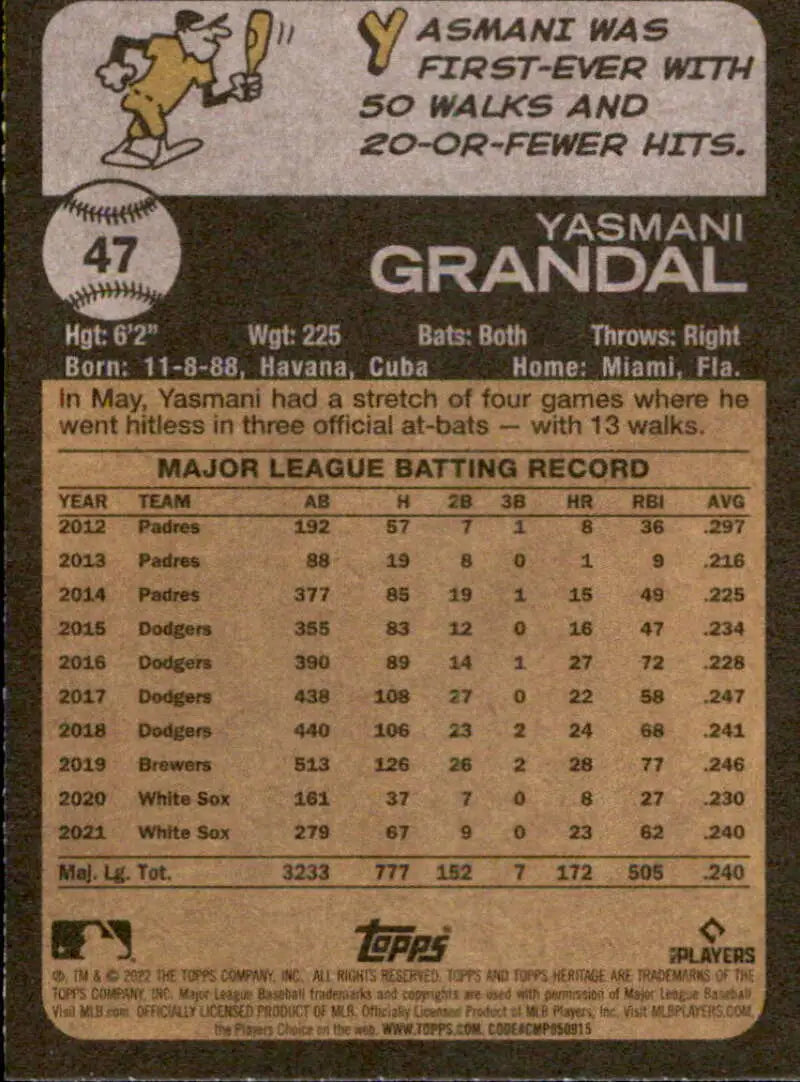 2022 Topps Heritage #47 Yasmani Grandal NM-MT White Sox ID:41197 - Baseball Card Single